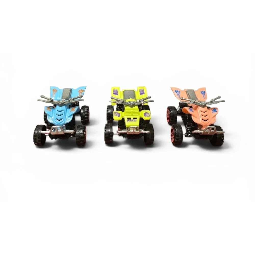 New Set of 3 Pull Back ATV 4 Wheeler Toy Vehicles Blue Yellow Orange Kids Racers